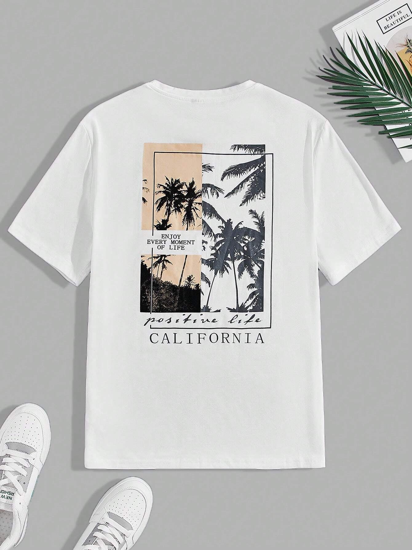 Manfinity VCAY Men T-Shirts Fit Crew Neck Short Sleeve Graphic Tee Palm Tree Casual Fashion Men Clothes Summer