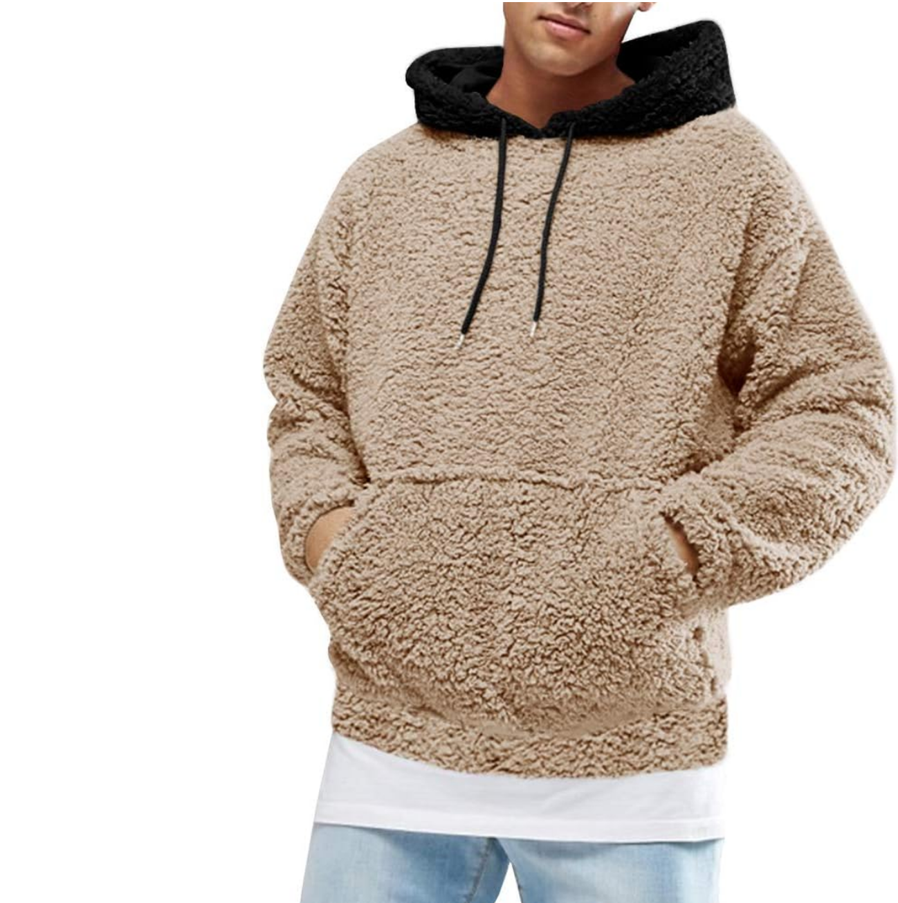 Men's fuzzy sherpa hoodie, long sleeve, winter